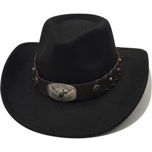 Unisex Black Western With Bull Skull Buckle Band Fedora Classic Cowboy Felt Hat